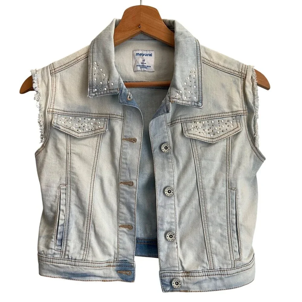 Mayoral Girls Denim Vest Size 10 Pearl Studded Light Wash Jean Jacket Western